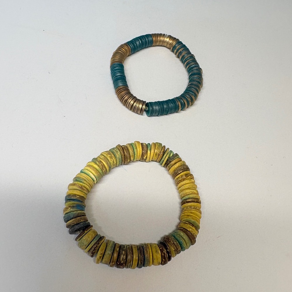 Boho Disc Bead Stretch Bracelet Set Teal Gold Yellow Green Heishi Style 2pc